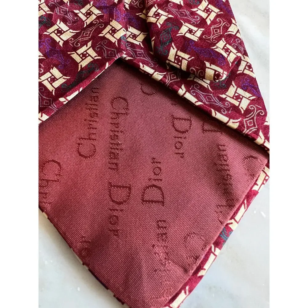 Vintage Christian Dior Wide Silk Tie Classic Maroon Print